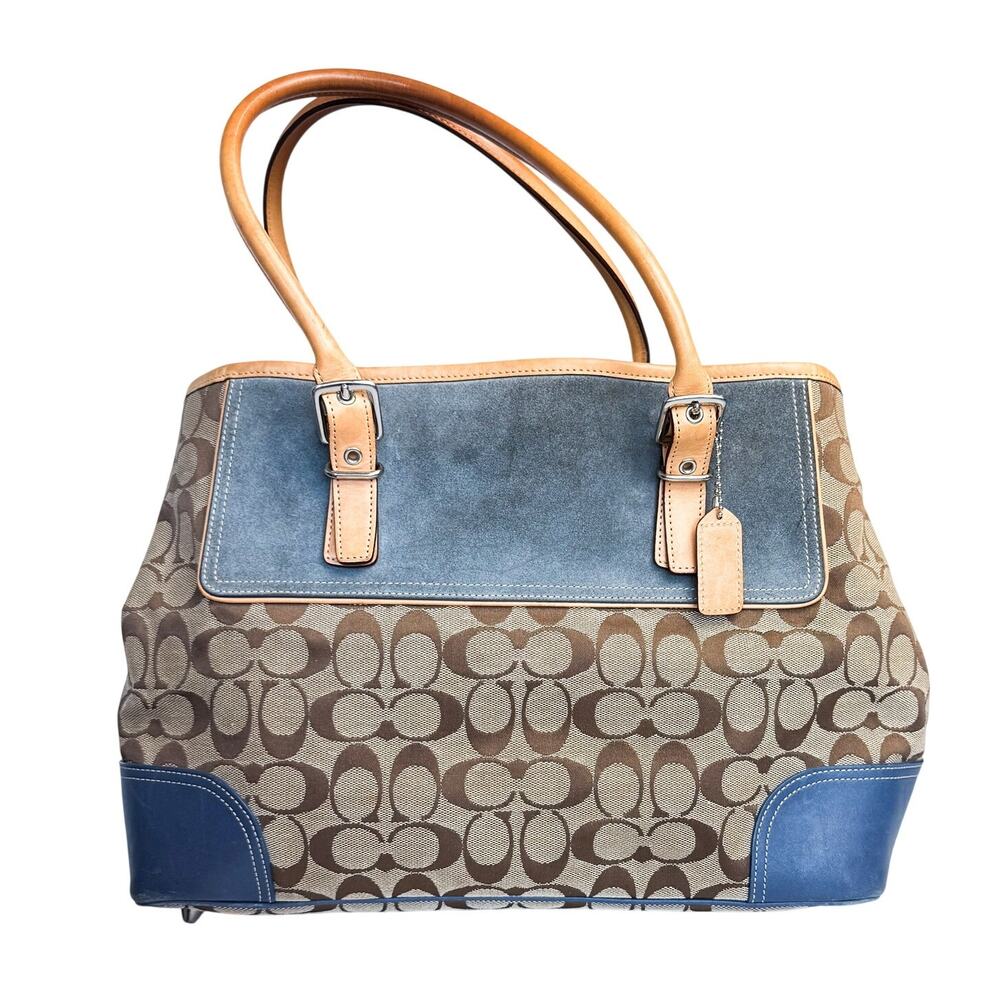 Vintage Y2K Coach Zoe Hampton 6367 Signature Canvas Blue Suede Leather logo Tote